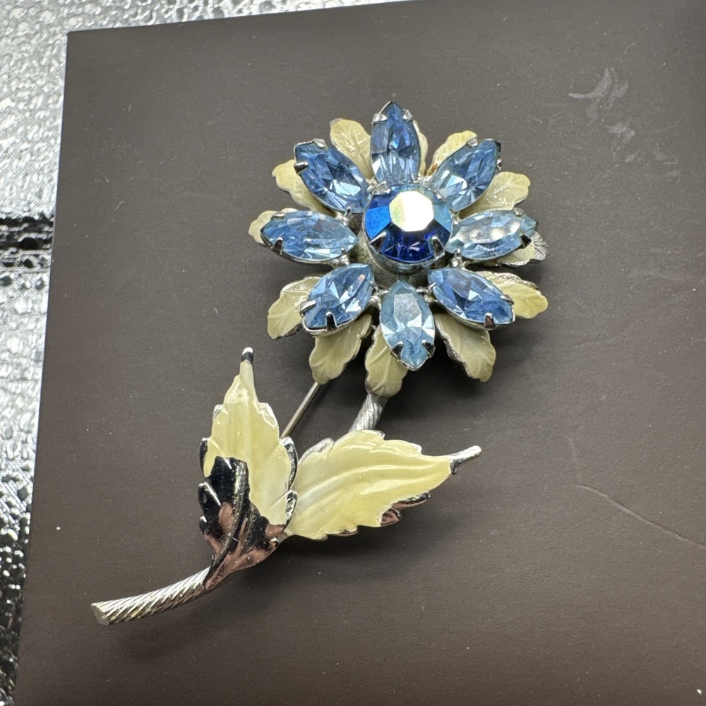 Regency Signed Vintage Brooch Flower Stem Blue Rhinestones